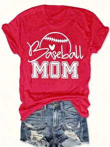 Women's 2026 World Cup T-Shirt, Casual Style With "Baseball Mom" Graphic Design - Black Crew Neck T-Shirt With Baseball And Heart Design, For All Seasons, Casual Wear | Baseball Theme | Durable, Loose And Comfortable Fabric, Printed, Women's Clothing, Summer Blouses For Women. - [紅色的] - 查看 1