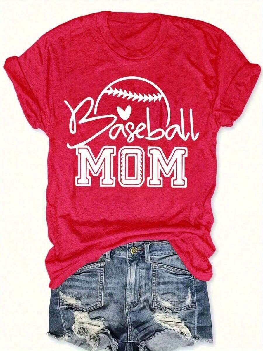 Women's 2026 World Cup T-Shirt, Casual Style With "Baseball Mom" Graphic Design - Black Crew Neck T-Shirt With Baseball And Heart Design, For All Seasons, Casual Wear | Baseball Theme | Durable, Loose And Comfortable Fabric, Printed, Women's Clothing, Summer Blouses For Women. - [紅色的] - 查看 1