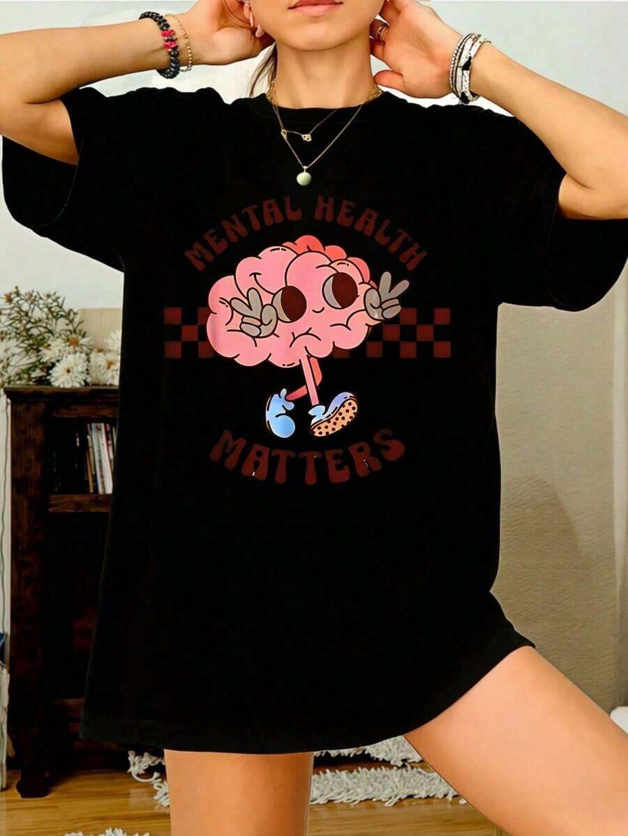Women's T-Shirt With Funny Brain Graphic Print, Cotton, Oversized, Casual, For Summer, Urban Style, Gift For Her, Round Neck, Short Sleeve, Casual T-Shirt For Daily Wear, They Are Excellent Gifts For Friends And Family, 100% Cotton T-Shirts, Youthful And Fashionable Design, Casual Blouses For Women. - 黑色 - 查看 1