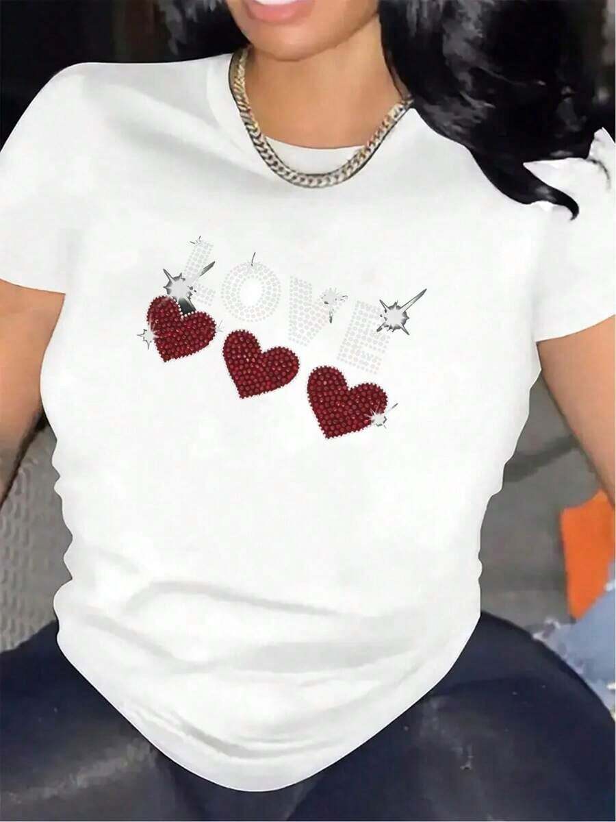 Women's Glitter "LOVE" Print T-Shirt - Stretch Polyester Top With Red Hearts - Lightweight T-Shirt For Everyday Wear And Valentine's Day - Party And Casual Essential, Machine Washable - Fashionable Women's T-Shirt For All Year Round, Festive Clothing, Fun Design, Comfortable Fit, Printed Blouse, For Adults - 白色 - 查看 1