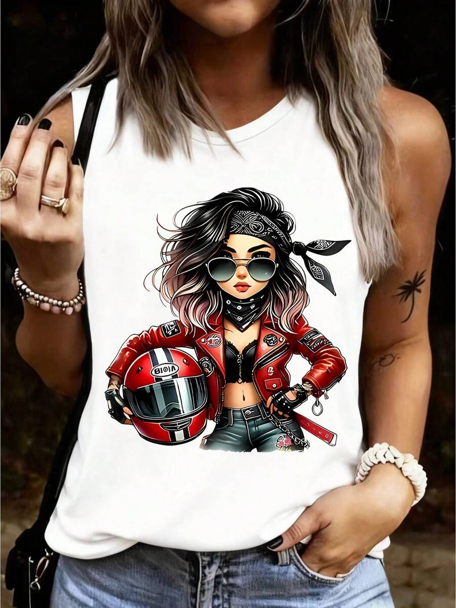 Motorcycle Print Tank Top, Stylish Urban Printed Tank Top, Motorcycle Enthusiast Tank Top, Colorful Riding Enthusiast Tank Top, Soft Everyday Tank Top, For Daily Wear, Tank Top Of - Putih - View 1