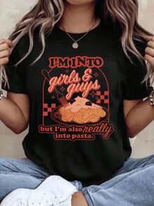 Women's Cotton T-Shirts, Funny Graphic Print T-Shirt For Food Lovers "I Like Girls And Boys, But I Also Love Pasta", For Women And Men, Casual Wear, Gift For Pasta Enthusiasts, Basic Women's Blouses. - 黑色 - 查看 7