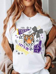 Women's Cotton T-Shirts, Tiger Cheer Cheering T-Shirt, Graphic Tee With The Team Spirit "Let's Go Tigers", Featuring A Tiger Face, Plaid Bow And Number One Hand Sign For School Spirit Events And Game Days, Women's Basic Tops. - 白色 - 查看 7