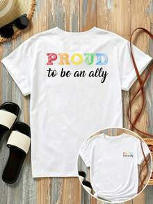 New 180g Short-Sleeved T-Shirt, 1% Cotton, With Prints On The Front And Back - Proud To Be An Ally - Fashionable Printed T-Shirt For Women, Short-Sleeved, Suitable For All Seasons, Modern Clothing - Can Be Worn As A Base Layer In Spring And Autumn Or Alone In Summer, Unisex. - 白色 - 查看 7