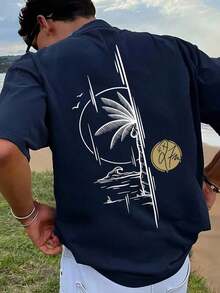 1 Piece Men's Graphic Print T-Shirt, Summer Beachwear, Loose Fit Short Sleeve T-Shirt. This Men's T-Shirt Has A Casual, Vacation-Style Design, Perfect For Beach Getaways As Well As Everyday Wear. - 藏蓝色 - 查看 9