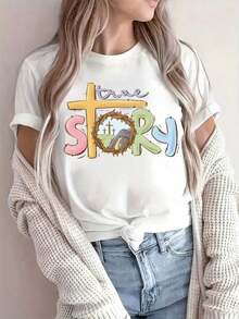 Modern Minimalist T-Shirt With True Easter Story Print, Christian Easter, Easter Jesus, Easter Gift, Short Sleeve, Casual Summer And Spring Top For Women, Casual Daily Wear - 白色 - 查看 7