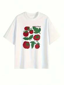 Women's Cotton T-Shirt, Round Neck, Casual. Short-Sleeved Summer T-Shirt For Women With A Tomato Print, Versatile, Loose Fit, Round Neck, Y2K Style. Simple T-Shirt For Everyday Wear. - 白色 - 查看 3