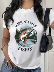 100% Cotton. Fish Jumping In A Lake Surrounded By Mountains And Pine Trees, Symbolizing Freedom And Connection With Nature. Women's 100% Cotton T-Shirt, Comfortable And Casual. Women's Simple Solid Color T-Shirt, Loose And Slim Fit Casual Short Sleeve - 白色的 - 查看 9