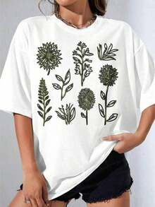 Women's Blouses, White T-Shirt For Girls, Oversized White T-Shirt With Botanical Flower Print, Casual Summer Clothing, For Outdoor Parties, Casual Printed T-Shirt, Suitable For Spring, Summer And Autumn. - 白色 - 查看 2