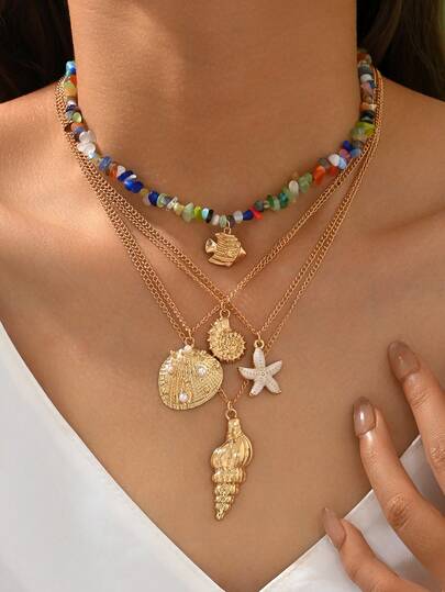 5pcs/Set Beachy Colorful Stone Necklace Set, Multi-Layer Design With Seashell Pendants, Suitable For Daily Wear, Beach Vacation And Music Festivals. The Number, Size And Color Arrangement Of The Stones Are Random.
