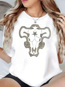 100% Cotton. Bull's Head With Central Star Symbolizing Strength, Perseverance, And Indomitable Spirit. Women's T-Shirt In Soft 100% Cotton Fabric, 220g. Women's Simple Solid Color T-Shirt, Loose And Slim Fit Casual Short Sleeve - 白色的 - 查看 1