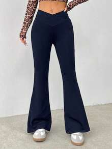 Pantalones acampanados de cintura alta envolvente de unicolor sencillo - Azul marino - Ver 7