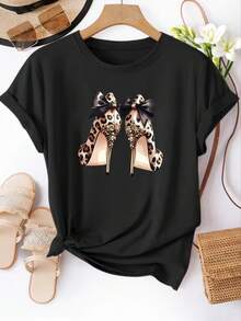 Camiseta Casual de Manga Corta con Cuello Redondo para Mujer, con Estampado de Leopardo y Gráfico de Zapatos de Tacón Alto - la Opción Perfecta para Primavera y Verano - Negro - Ver 6