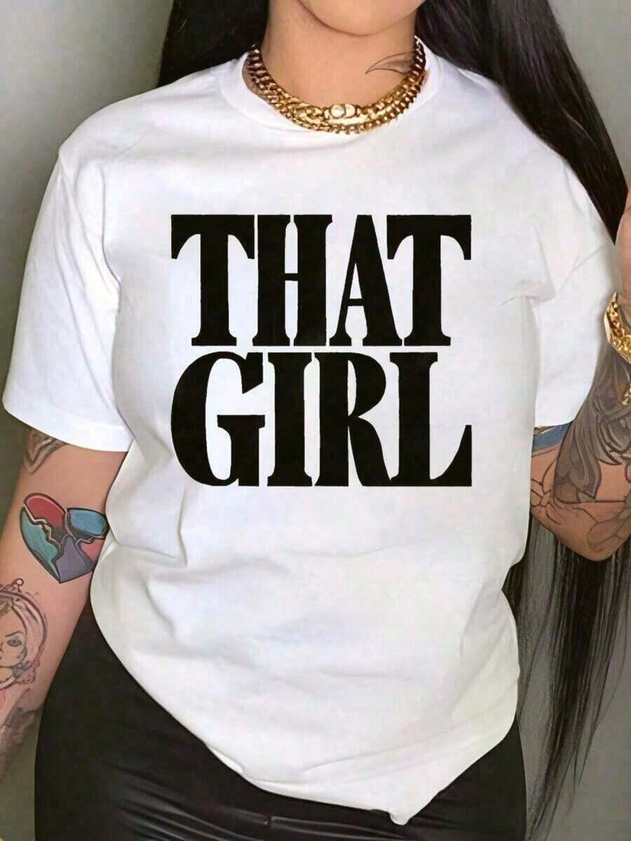 TrendyTHAT Women's Cotton Printed T-Shirt - Casual Short Sleeve Crew Neck T-Shirt With Bold Geometric Lettering, Breathable And Soft, White, For Spring/Summer Casual Wear, Summer T-Shirt, Semi-Sheer Material, Everyday Wear - 白色 - 查看 1