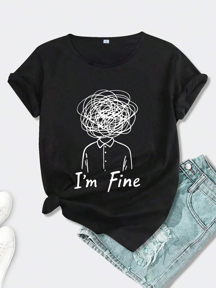 Women's Short Sleeve T-Shirt With Round Neck And A-Z Letter Print (English) - Casual H-Line Top, Blouse For Casual Outfits, Machine Washable Summer Essential - 黑色 - 查看 1