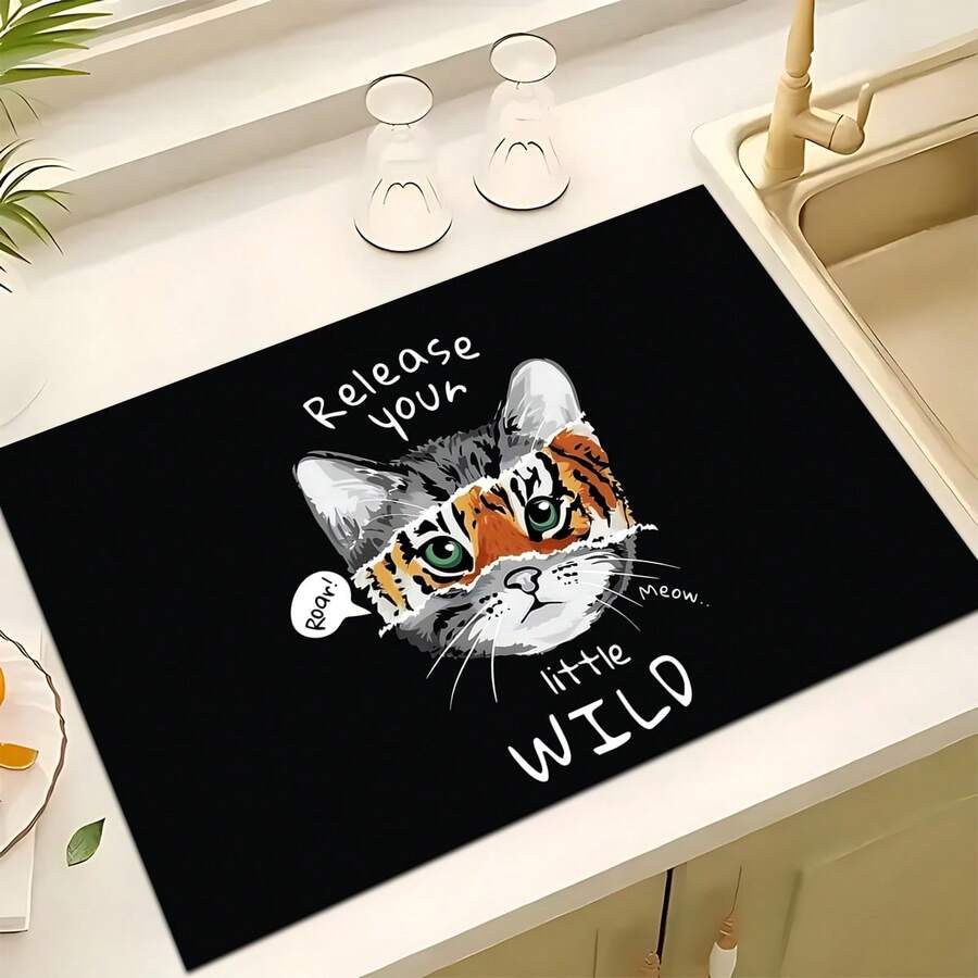 1 件装猫咪图案印花吸水沥水垫,家居装饰,适用于咖啡机表面、水槽排水垫、水龙头软垫、浴室杯垫,厨房卫浴配件 - 彩色 - 查看 1