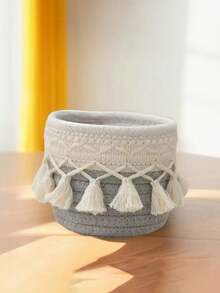 Tassel Desktop Storage Basket, Makeup Brush Storage Box, Round Woven Storage Basket, Suitable For Storing Makeup Brushes, Hair Clips And Hair Accessories, Suitable For Storing Earphones And Data Cables, Miscellaneous Storage Box, Remote Control Storage Basket, Suitable For Living Room, Bedroom And Garden, Suitable As A Gift For Friends, Wedding Souvenir, Birthday Gift - Multicolor - View 8