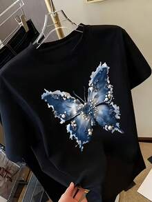 Women's T-Shirt With Pearl Blue Watercolor Butterfly Print, Round Neck And Short Sleeve - Lightweight Summer Blouse, Semi-Sheer Casual Beach Top, Machine Washable For All Seasons Collection (Available) - Style Stock For Easy Replenishment - 黑色 - 查看 1