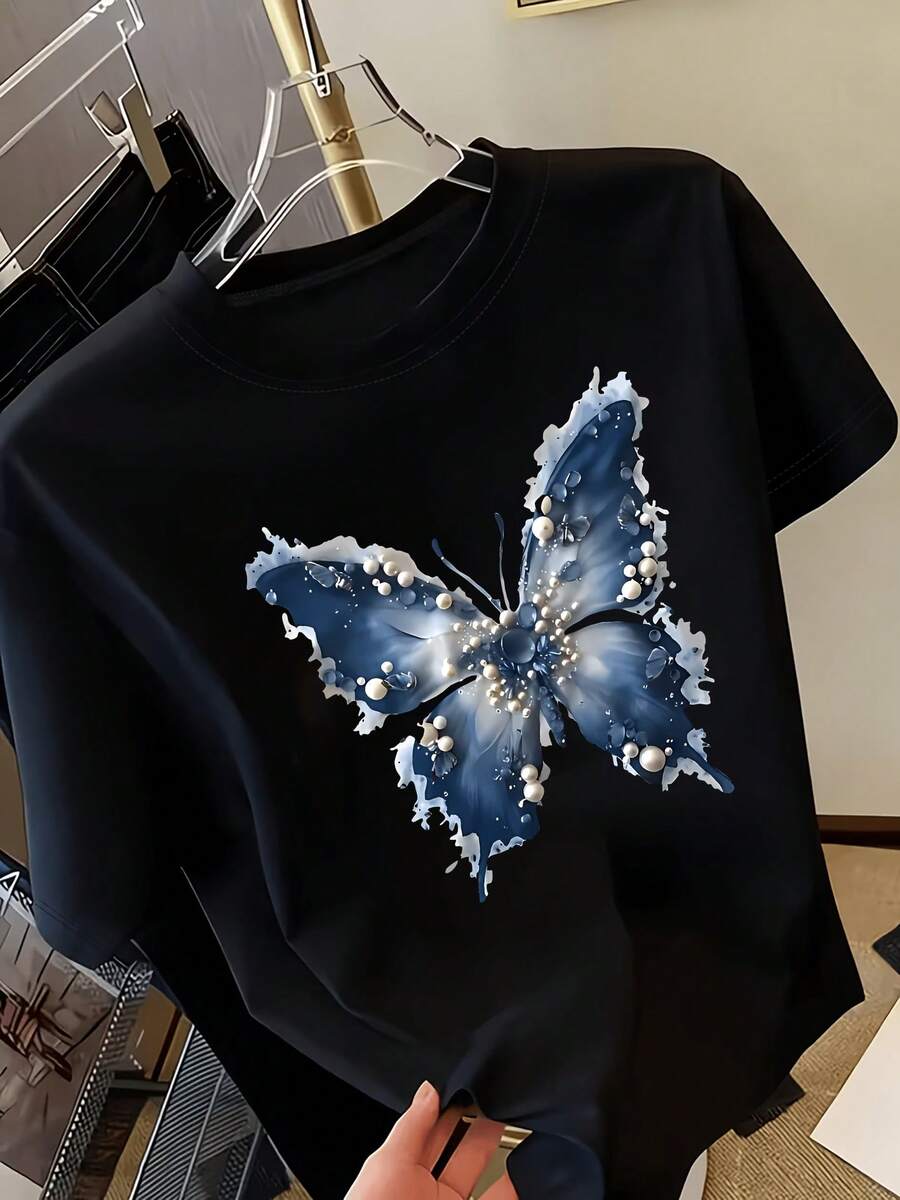 Women's T-Shirt With Pearl Blue Watercolor Butterfly Print, Round Neck And Short Sleeve - Lightweight Summer Blouse, Semi-Sheer Casual Beach Top, Machine Washable For All Seasons Collection (Available) - Style Stock For Easy Replenishment - 黑色 - 查看 1