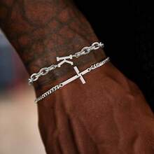 2pcs/Set Pulsera de cadena de acero inoxidable plateado minimalista con letra cruzada y capas para hombre - Plateado - Ver 1