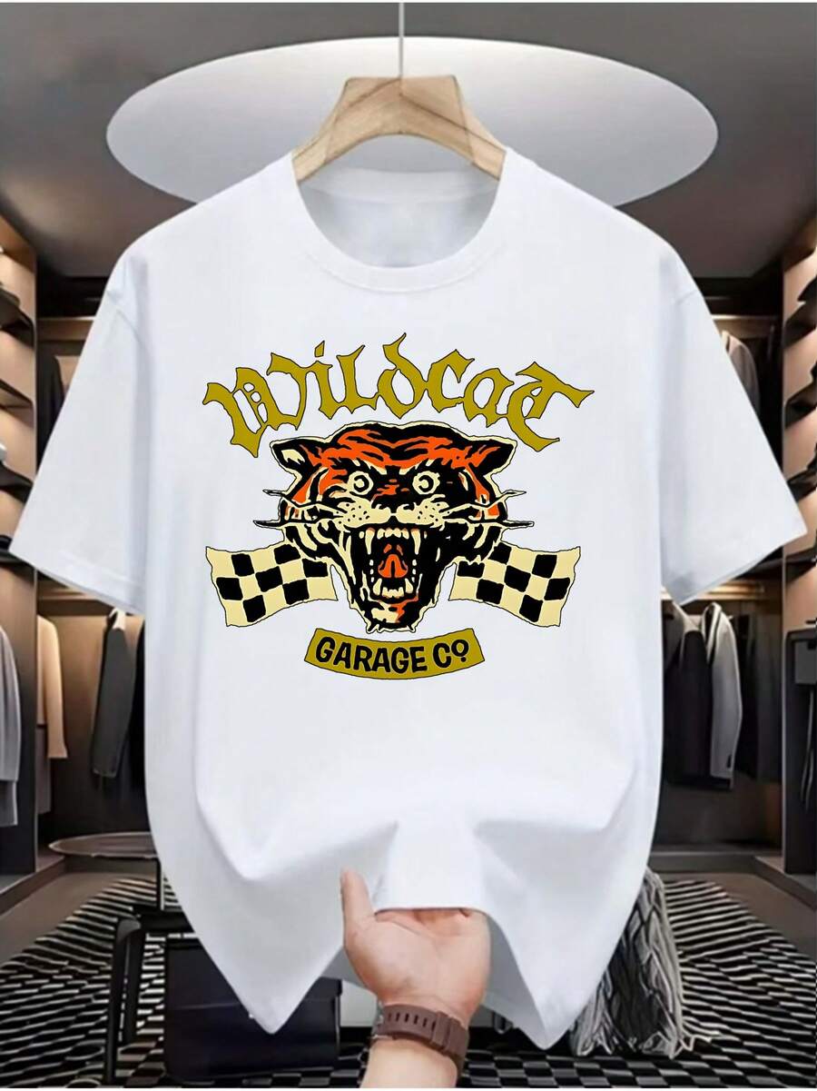 [Crazy Tiger Racing] Men's Casual T-Shirt With Digital Print - Polyester, Crew Neck, Short Sleeve, Urban Hip-Hop Style, European And American Summer Style, Sporty Style, Minimalist INS Letter Print / Collection Of Sporty Patterns With Religious-Style Lettering / Loose Fit And Soft To The Touch / The Ideal Choice For Gifts - 白色 - 查看 1