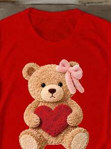 Short-Sleeved T-Shirt With Round Neck And Teddy Bear Print For Valentine's Day, Heart Design, Suitable For Casual Daily Summer Wear - Unisex, Ideal For Casual Daily Outings, Summer Short-Sleeved T-Shirt, Retro Y2K Print T-Shirt. - 紅色 - 查看 4