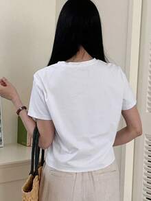 Camiseta casual de verano de mujer con cuello redondo y mangas cortas con detalle de corazón hueco - Blanco 2 - Ver 2