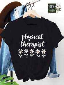Women's Printed T-Shirt - Casual Short Sleeve Crew Neck Black Cotton T-Shirt With The Text "Physiotherapist" And Daisies. With A Relaxed Fit For All Seasons, The Perfect Choice For Both Everyday Wear And Your Holiday Outfits (Machine Washable). - 黑色 - 查看 6