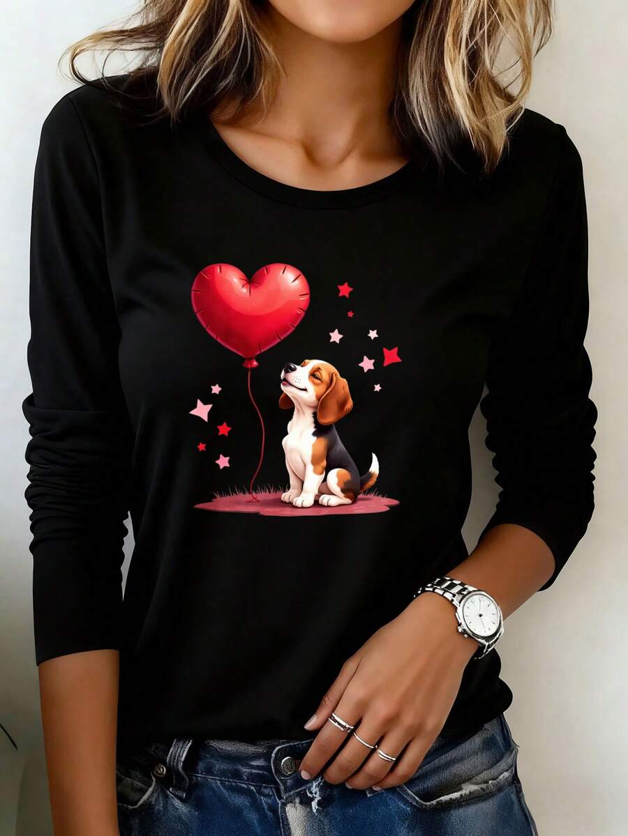 Camiseta Deportiva Casual para Mujer con Ilustración de Beagle y Globo Corazón - Camiseta Negra Elástica de Cuello Redondo, Lavable aáquina, Ajuste Confortable para Todas las Estaciones, Perfecta para el Uso Diario y Amantes de los Animales. - Negro - Ver 1