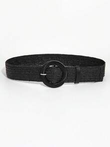 1pc Bohemian Style Color Block Woven Elastic Waist Belt With Classic Round Buckle, Suitable For Spring/Summer Dresses - Black - View 2