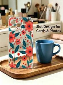 1 unidad Patrón floral colorido con hojas Funda para iPhone 14, protección anticaída con airbag reforzado en las cuatro esquinas, tarjetero invisible integrado en la parte trasera, compatible para tarjeta personal, carnet de conducir, tarjeta de acceso y tarjeta de transporte, funda protectora antigolpes portátil con ranura para tarjetas, diseño sencillo y elegante, ideal para uso diario, desplazamientos y viajes - transparente - Ver 2