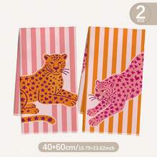 MEMNUN 2pcs Pink Orange Striped And Leopard Print Kitchen Towels, Dish Towels, Hand Towels, Dish Cloths, Home Decor, Kitchen Decor, Hand Towels, Kitchen Accessories, Machine Washable, Cleaning Supplies, Suitable For Restaurant, Kitchen, Bathroom, Home Decor And Gift, All Season Use, 40*60cm/45*70cm, Ultra-Soft Microfiber - Multicolor - View 3