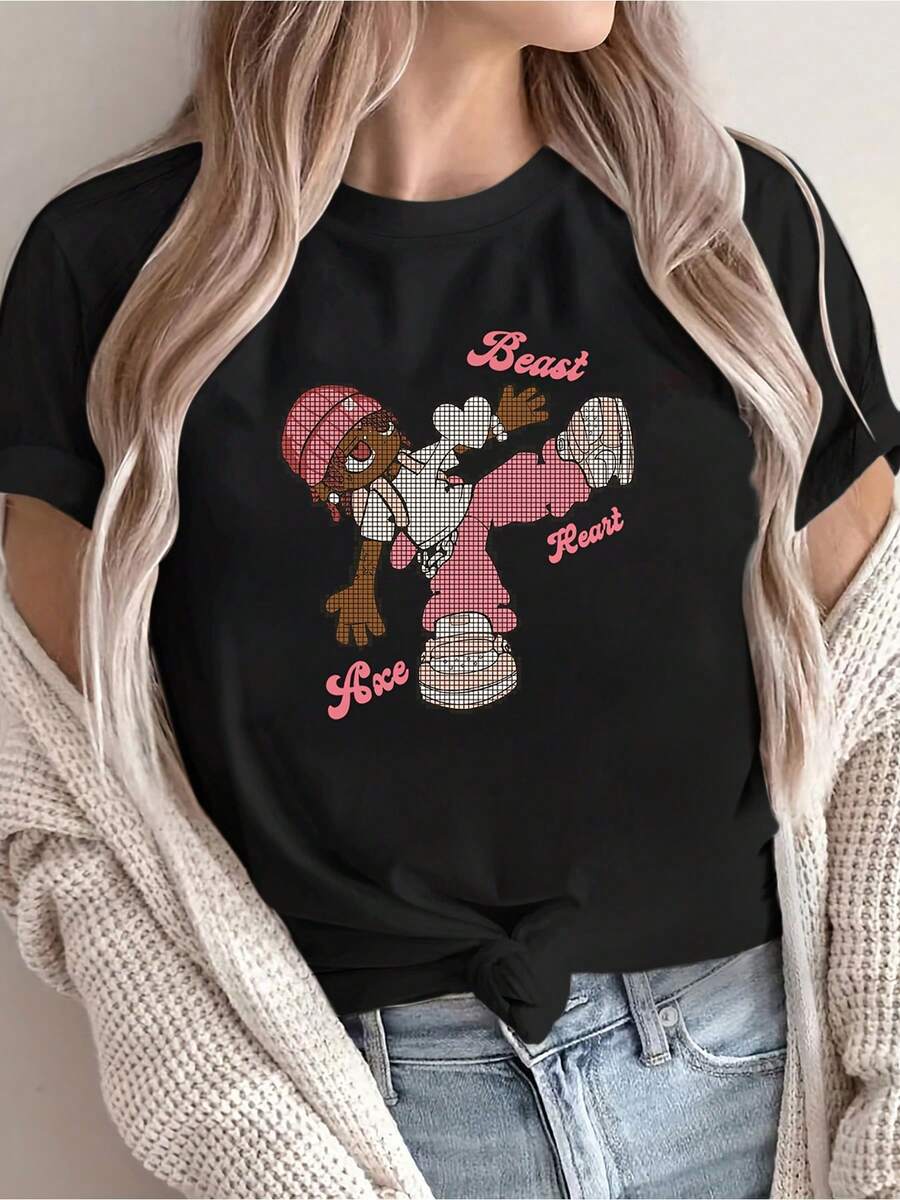 | Exquisite Design | Loose And Comfortable | Easy To Match | Women's Urban Style Hip-Hop Print T-Shirt - Olive Green With "Your Feet" Dance Design In Pink - Urban Style Crew Neck Top - Soft T-Shirt For Everyday Wear And Parties - Outfit - Machine Washable Casual Top, Fun Print, Comfortable Fit, Short Sleeves, Fashionable For Young People. - 黑色 - 查看 1