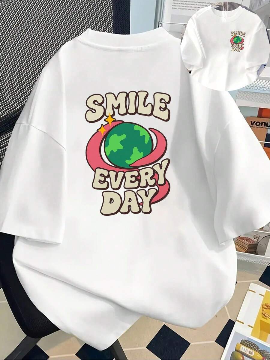| Exquisite Design | Loose And Comfortable | Easy To Match | Front And Back Print T-Shirt, Daily Smile, Earth Day Print, Round Neck, Casual Short Sleeve For Women, Comfortable Fit, Skin-Friendly Fabric, Classic Design, A Must-Have Fashion Item For Women. - 白色 - 查看 1