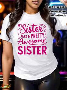 Women's Casual Sports T-Shirt In White With Pink Cursive Text "Sister" - Elastic Round Neck T-Shirt, Machine Washable, Comfortable Fit And Suitable For All Seasons. - 白色 - 查看 7