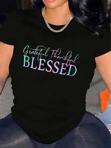 Women's Printed T-Shirt With Floral Graphic In Cursive And Motivational Text - Casual Short Sleeve Crew Neck T-Shirt, Relaxed Fit For All Seasons, Perfect For Everyday Wear And Holiday Outfits, Machine Washable. - Black - View 1