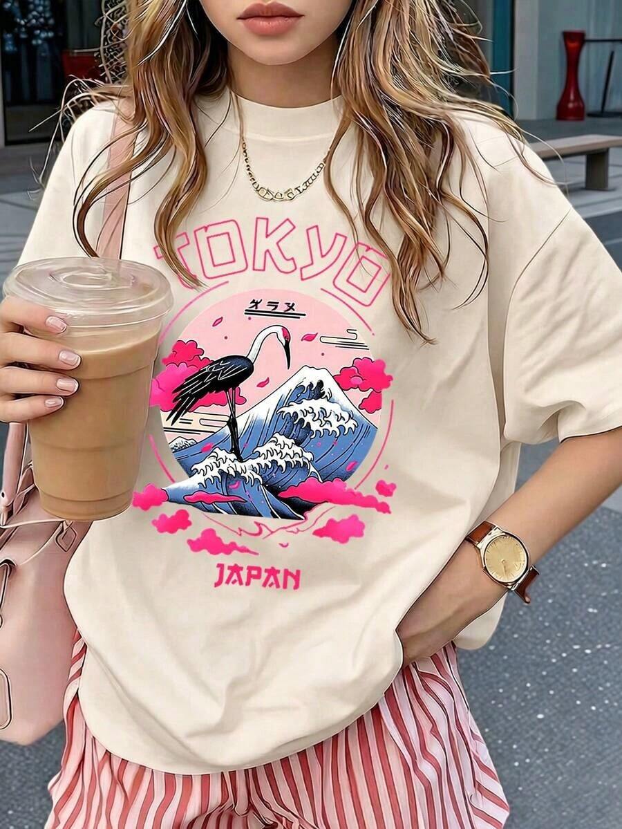 Camiseta casual de manga corta y cuello redondo para mujer, con estampado de grullas de Tokio, Japón, color blanco, perfecta para conjuntos de verano. Adecuado como regalo.playera de mujer.blusas>elegante.boho chic,Top de mujer suave, transpirable y cómodo, ideal para primavera, verano y otoño, perfecto para vacaciones, viajes y uso diario. - Albaricoque - Ver 1