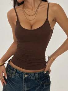 PETITE Camisola sin Mangas con Bajo Arrugado para Mujer, Estilo Casual, Color Sólido - Café integral - Ver 4