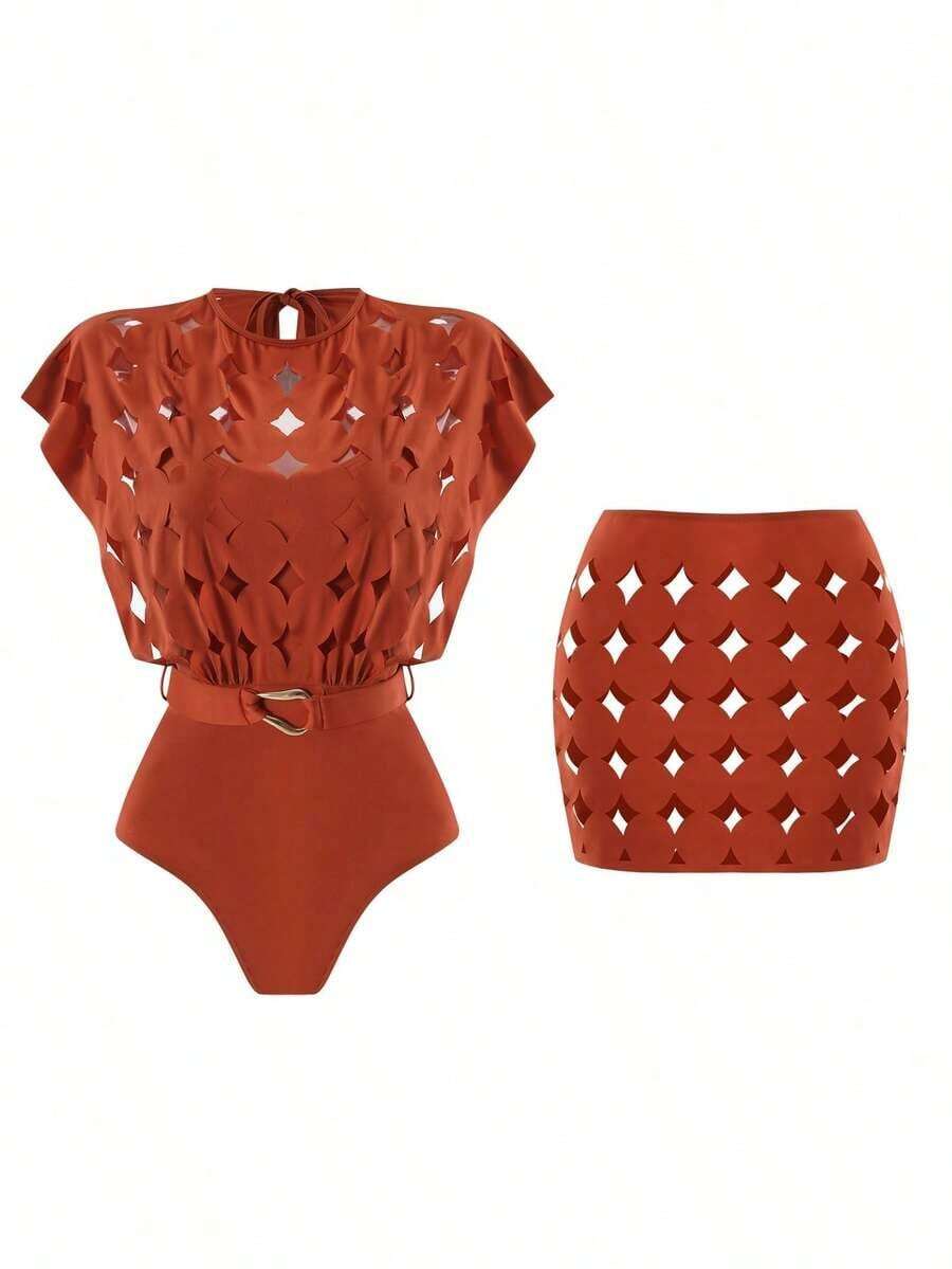 Swim Oasis Conjunto premium de cinturón de mujer de unicolor con diseño calado y cuello redondo - Color caoba - Ver 1