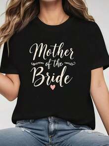 Women's T-Shirt, Elegant Style For Wedding For The Mother Of The Bride With Heart Embellishments, Enhancing The Role, Gift For Birthday, Easter, Mother's Day, Casual Black Short-Sleeved Round Neck T-Shirt For Women. - 黑色 - 查看 1