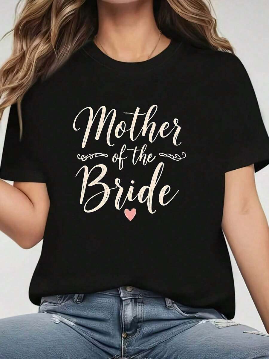 Women's T-Shirt, Elegant Style For Wedding For The Mother Of The Bride With Heart Embellishments, Enhancing The Role, Gift For Birthday, Easter, Mother's Day, Casual Black Short-Sleeved Round Neck T-Shirt For Women. - 黑色 - 查看 1