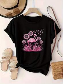 Women's T-Shirt With Floral Print, European And American Fashion, Round Neck, Short Sleeve, Women's Sports Sweater. - 黑色 - 查看 1