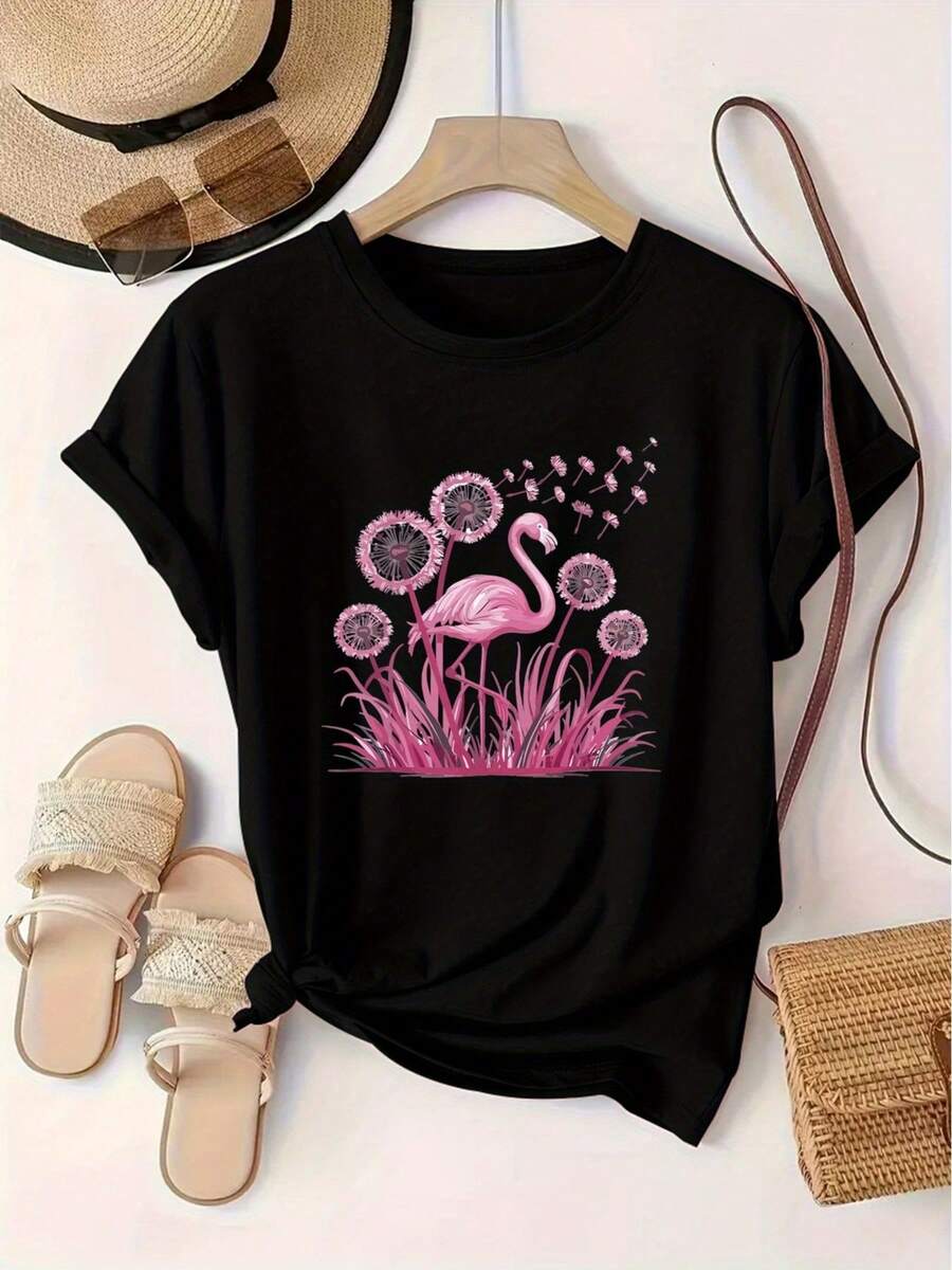 Women's T-Shirt With Floral Print, European And American Fashion, Round Neck, Short Sleeve, Women's Sports Sweater. - 黑色 - 查看 1