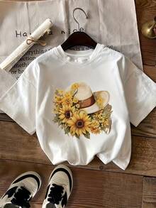 Women's T-Shirt With Sunflower Hat Print, Fashionable Short Sleeve Casual Sweatshirt, Women's Round Neck T-Shirt. - 白色 - 查看 1