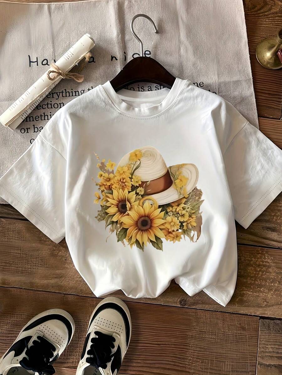 Women's T-Shirt With Sunflower Hat Print, Fashionable Short Sleeve Casual Sweatshirt, Women's Round Neck T-Shirt. - 白色 - 查看 1