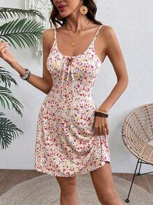 Vestido corto casual sin mangas con estampado floral pequeño para vacaciones y playa - Multicolor 2 - Ver 4