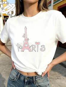ALL IS ONE Pure Cotton Women's Casual Loose Fit Elastic Breathable T-Shirt Vintage Streetwear Eiffel Tower Paris Heart Pattern Round Neck Premium Quality Spring/Summer Fashion Short Sleeve - 白色的 - 查看 2