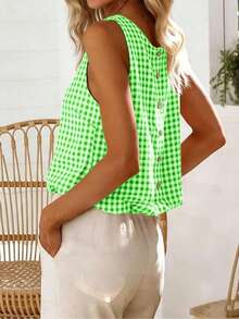 Ladies' Summer Fashionable Round Neck Sleeveless Top, Versatile Classic Double-Sided Checkered Shirt 2026 Top, Suitable For Daily Casual Wear - Màu xanh Bạc hà - Xem 4