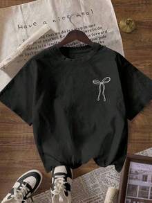 Women's Short-Sleeved T-Shirt With A Round Neck And Pink Bow Print With Slogan, Wrinkle-Resistant Cotton T-Shirt. Women's T-Shirts, Women's Blouses, Casual Blouses For Ladies - 黑色 - 查看 2