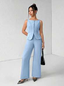 PETITE Conjunto de chaleco y pantalones de un solo pecho de unicolor con cuello redondo, elegante traje de oficina para mujer, ropa de mujer de verano y otoño, conjunto de oficina, ropa casual de negocios, conjunto de dos piezas, ropa de oficina de otoño para mujer, conjunto de blazers para mujer - Celeste - Ver 6